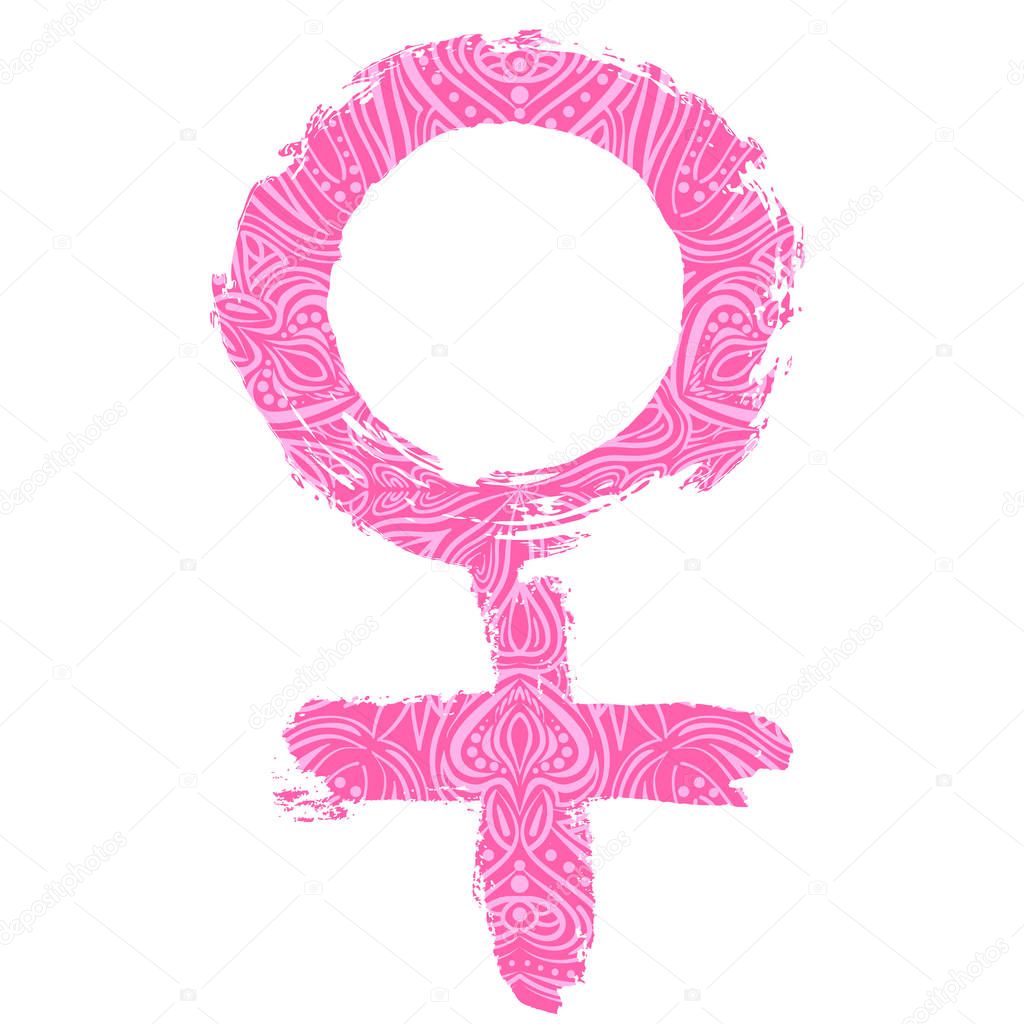 Women's rights. Women's Day. Health care and medicine. Feminism icon sign. Hand drawn women's logo. Feminist movement. Woman symbol. Pink badge of honor. Girls power. Gender symbol. Venus symbol