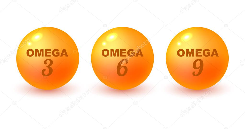 Omega 3, 6, 9 fatty acids. Gold acid drop.  Nutrition skin care. Polyunsaturated fatty acids omega 3 omega 6 omega 9. Three drops of polyunsaturated fatty acids. Beauty treatment. Vector illustration