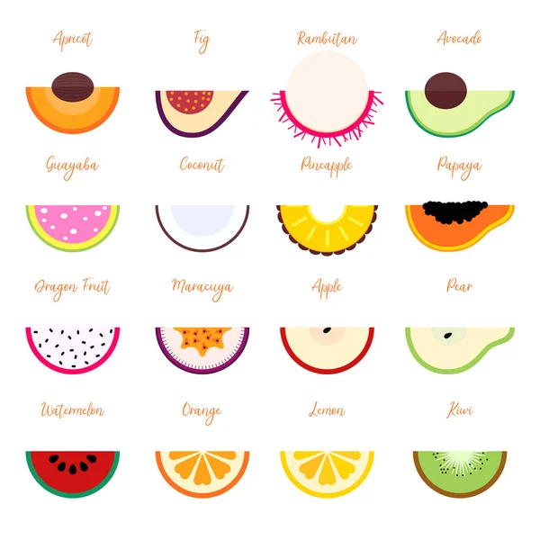 Meruňka, fík, rambutan, avokádo, guauaba, kokos, ananas, papája, dračí ovoce, marája, jablko, hruška, vodní meloun, pomeranč, citron, kiwi ovoce set. Plochá vektorová ilustrace — Stockový vektor