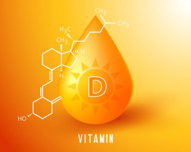 Beslenme işareti vektör konsepti. D vitamini altın damlasının gücü. Kimyasal formül