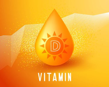 Beslenme işareti vektör konsepti. D vitamini altın damlasının gücü. D vitamini damlasında güneş