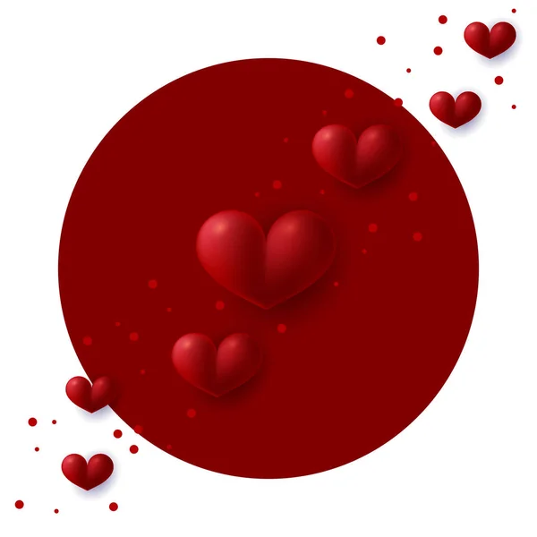 Feliz día de San Valentín banner decorado 3d corazones rojos sobre fondo círculo rojo. Ilustración vectorial — Vector de stock