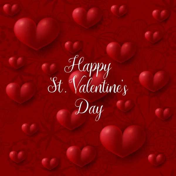 Buon San Valentino banner decorato 3d cuori rossi su sfondo rosso. Illustrazione vettoriale — Vettoriale Stock