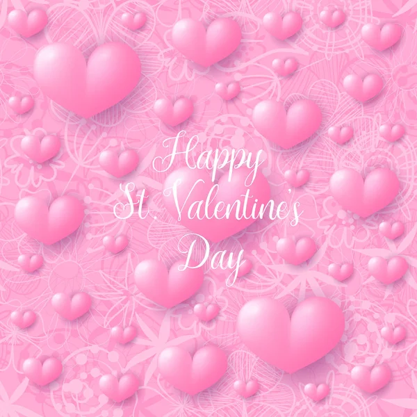 Happy Valentijnsdag banner versierd 3d roze harten op roze achtergrond. Vectorillustratie — Stockvector