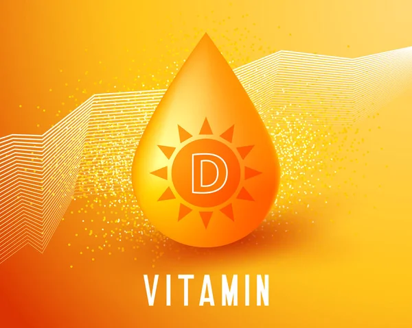 Nutrition sign vector concept. The power of vitamin D golden drop. Sun in drop of vitamin D — Stock Vector