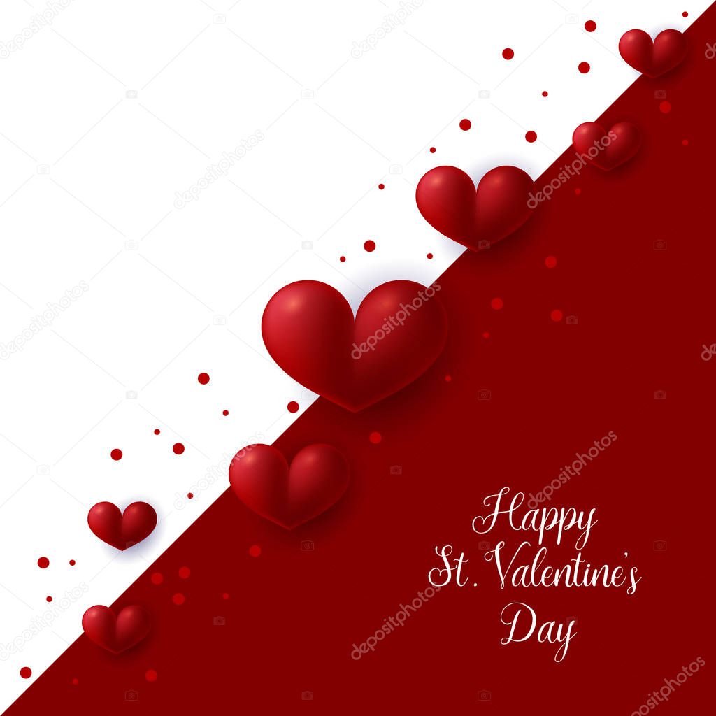 Happy Valentines day banner decorated 3d red hearts on red background. Vector illustration