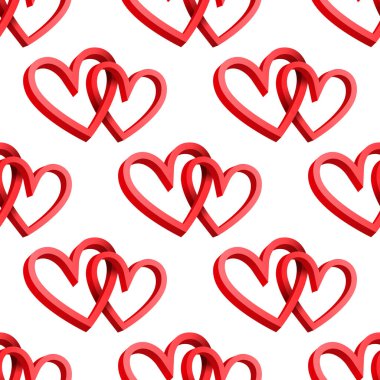 Kalpleri 3D olan kusursuz bir desen. Beyaz arka planda kırmızı izole kalp deseni. İki Kalpli Sevgililer Günü vektör çizimi. Vektör elemanı. Aşk, kırmızı ve beyaz