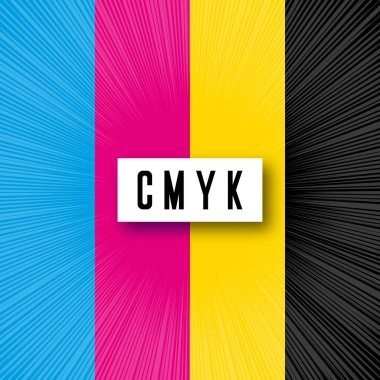 Cmyk renk konsepti. Yazıcı mürekkebi ve toner sağlayıcısı, mektup baskı yazıcıları. Cmyk tasarımı. Cmyk arkaplan vektör illüstrasyonu. Yazdırmaya devam et!