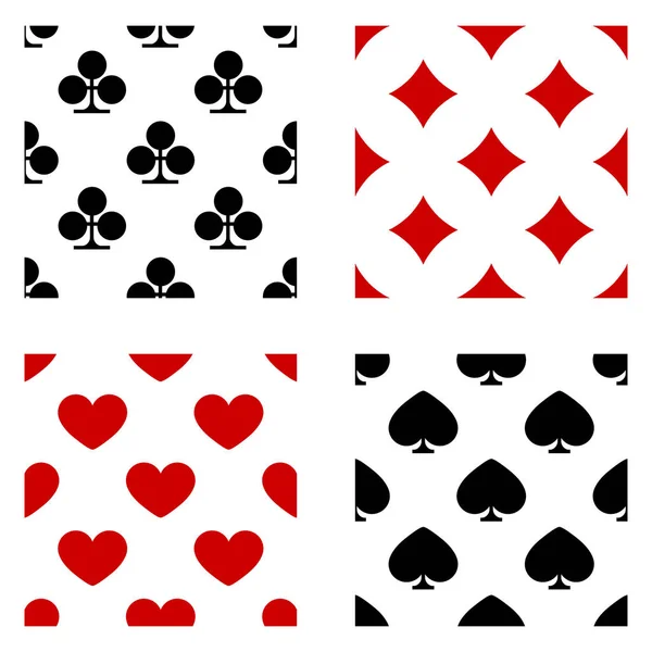 Set of patterns with poker symbols, playing card signs, red hearts, tiles, black clovers and pikes symbols on white background. Vector playing card suit seamless pattern — 스톡 벡터