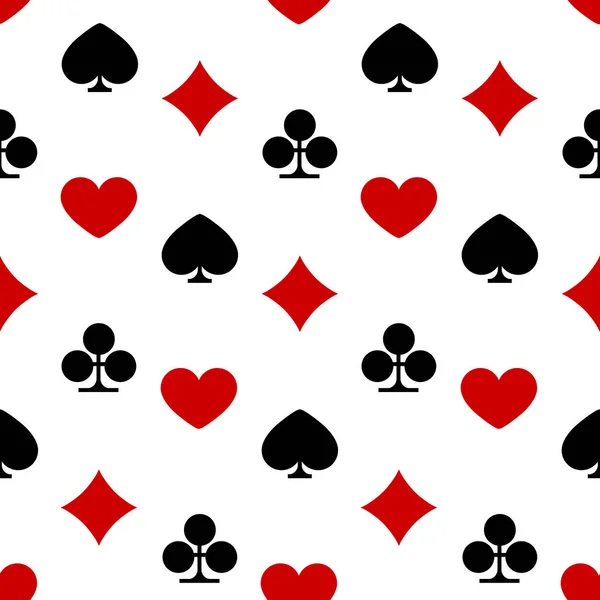 Vector playing card suit seamless pattern. Flat red hearts and tiles and black clovers and pikes symbols on white background — 스톡 벡터