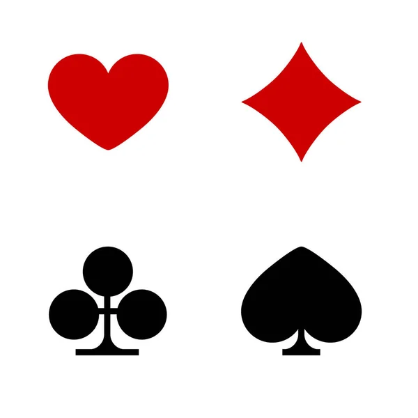 Flat red hearts and tiles and black clovers and pikes symbols collection on white background. Set of hearts, tiles, clovers and pikes symbols. Playing card suit concept design — 스톡 벡터