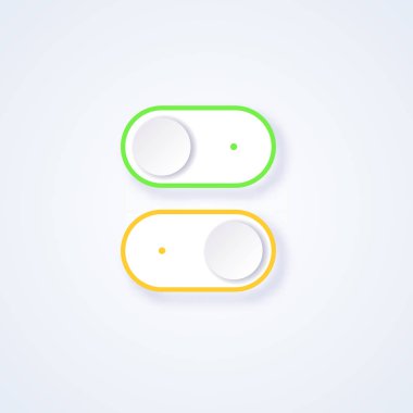 Aç ve Kapat düğmesi. Arayüz düğmesini değiştir. Vektör 3 boyutlu illüstrasyon. Düz simge açma kapama düğmesi. Düğmeyi aç ve kapat, açma kapama konumunda kaydır