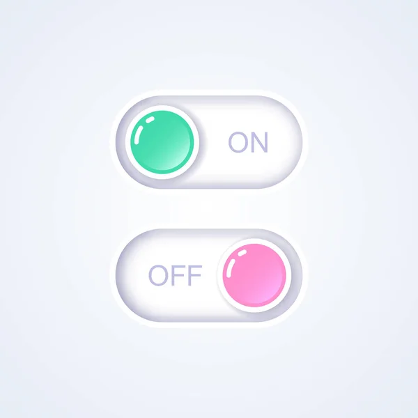 Przycisk włączania i wyłączania suwaka. Przełącz przycisk interfejsu. Ilustracja wektora 3d. Płaski ikona Włączanie i Wyłączanie przełącznik przycisk. Przycisk przełączania, suwak w pozycji włączonej i wyłączonej — Wektor stockowy