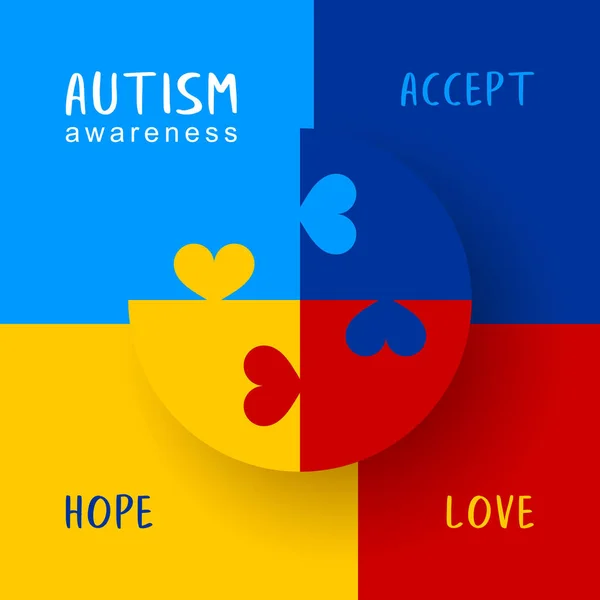 Welttag des Autismus-Bewusstseins. Bunte Kreis-Puzzle-Vektor-Design-Zeichen mit Herzen. Symbol für Autismus. Medizinische Flachdarstellung. Gesundheitsversorgung — Stockvektor