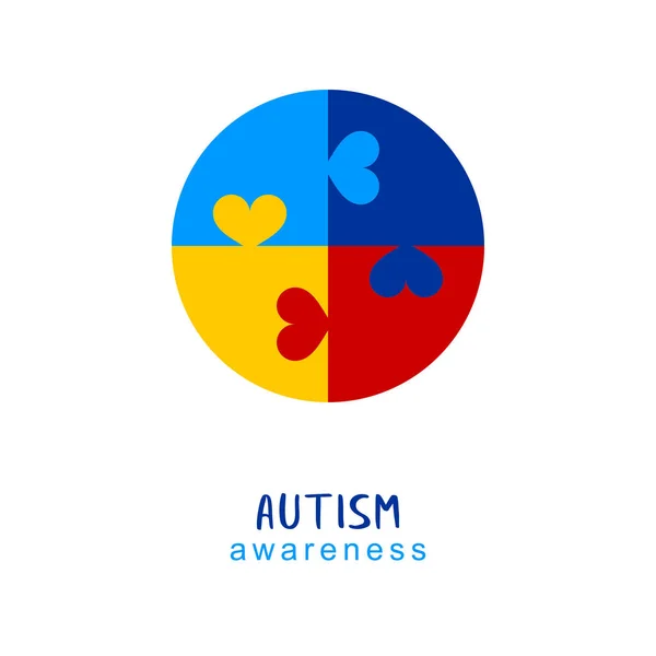 Welttag des Autismus-Bewusstseins. Bunte Kreis-Puzzle-Vektor-Design-Zeichen mit Herzen. Symbol für Autismus. Medizinische Flachdarstellung. Gesundheitsversorgung — Stockvektor