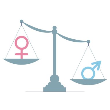Discrimination and equality inequality based on sex and gender. Heavy man and male symbol as superior to light inferior woman, female. Issue of social handicap and disadvantage. Vector illustration clipart