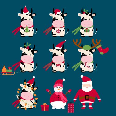 Öküz burcu. Ox 2021 Çin yılı. İnek mutlu yıllar. Büyük Noel seti. 2021 yılının Çin sembolü imajı. Noel sembollü Noel tasarımı (Noel Baba şapkası, ağaç, kardan adam)