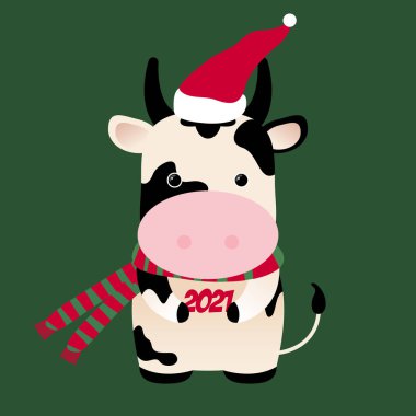 Ox with 2021 number, Santa hat. Chinese Horoscope 2021 (Year of the White Metal Ox). Chinese New year symbol of 2021. Cute cow