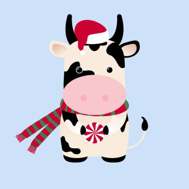 Noel Baba şapkalı öküz, şeker. Çin Burcu 2021 (Beyaz Metal Öküz Yılı). 2021 'in Çin Yeni Yıl sembolü. Şirin inek.
