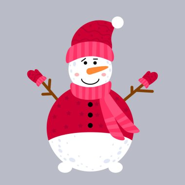 Kardan adam. Düz dizayn. Mutlu noeller. - Mutlu yıllar. Neşeli Kardan Adam. Çizgi film tarzında kardan adamın vektör çizimi. Noel vektör illüstrasyonu