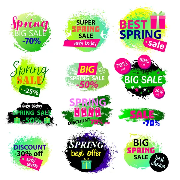 Venta de primavera. Mejor oferta conjunto de doce iconos con signos de primavera dibujados a mano. Ilustración vectorial con promoción de descuento de primavera — Vector de stock