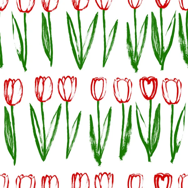 Modello senza cuciture con fiori di tulipani. Primavera disegnato a mano sfondo per il vostro disegno. Primavera. Illustrazione vettoriale dipinta a mano Modello senza cuciture con fiori primaverili. Tulipani — Vettoriale Stock