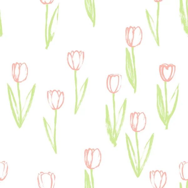 Naadloos patroon met tulpen bloemen. Lente hand getekende achtergrond voor uw ontwerp. Voorjaarstijd. Met de hand geschilderde vector illustratie. Naadloos patroon met lentebloemen. Tulpen — Stockvector