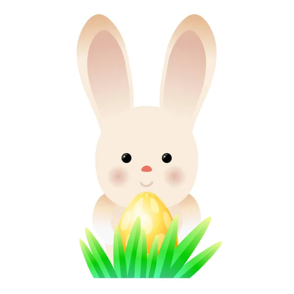 Пасхальный кролик на зеленой траве. Композиция с золотым пасхальным яйцом — стоковый вектор