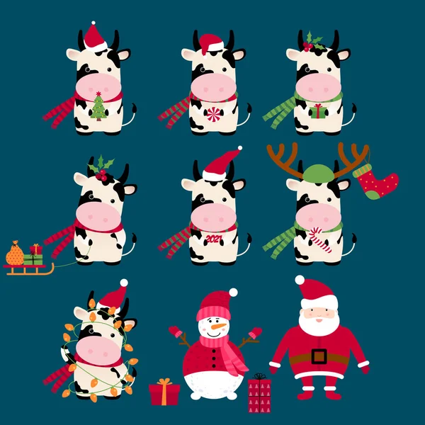 Σημάδι Ωροσκοπίου. Κινεζική χρονιά του Ox 2021. Αγελάδα Καλή Χρονιά. Μεγάλο Χριστουγεννιάτικο σετ. Αντίληψη εικόνα του συμβόλου κινεζική νέο έτος 2021. Χριστουγεννιάτικο σχέδιο με σύμβολα διακοπών (καπέλο, δέντρο, χιονάνθρωποι)) — Διανυσματικό Αρχείο