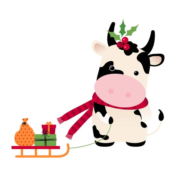 Βόδι με δώρα σε έλκηθρο, μούρα. Κινεζικό Ωροσκόπιο 2021 (Έτος Λευκού Μετάλλου). Κινεζικό σύμβολο του 2021. Ωραία αγελάδα. — Διανυσματικό Αρχείο
