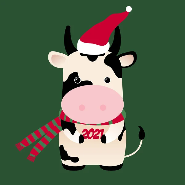 Ox com número 2021, chapéu de Pai Natal. Horóscopo chinês 2021 (Ano do boi de metal branco). Ano Novo Chinês símbolo de 2021. Bela vaca. — Vetor de Stock