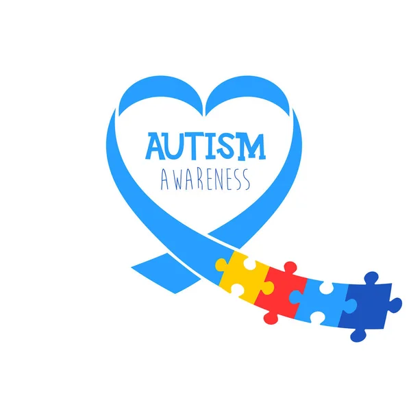 世界自闭症意识日 蓝色丝带与五颜六色的谜题矢量背景 心脏形状 自闭症的象征 医疗平面插图 — 图库矢量图片