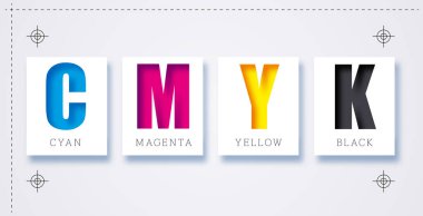 CMYK renk modeli mektup. Baskı öncesi sağlama kavramı. Yazıcı mürekkep ve toner, Tipo yazıcılar sağlayıcı. Baskı tutmak!