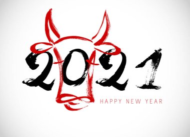 Öküz, boğa ve ineğin 2021 yılındaki Çin kaligrafisi ile tebrik kartı tasarımı şablonu. Ay yeni yılı 2021. Tebrik kartı, davetiye, poster, pankart ve takvim için burç imzası