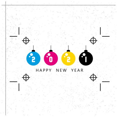CMYK renk modeli harfi. Ön düzeltme konsepti. Yazıcı mürekkebi ve toner sağlayıcısı, mektup baskı yazıcıları. Yazdırmaya devam et! 2021 yılbaşı. Noel baloları. CMYK renkleriyle yeni yıl