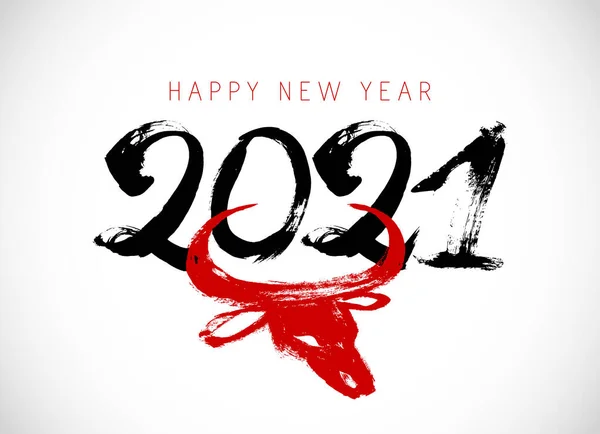 2021年の牛 牛の新年のための中国書道とグリーティングカードデザインテンプレート 2021年旧正月 グリーティングカード招待状ポスターバナーカレンダーの星座 — ストックベクタ