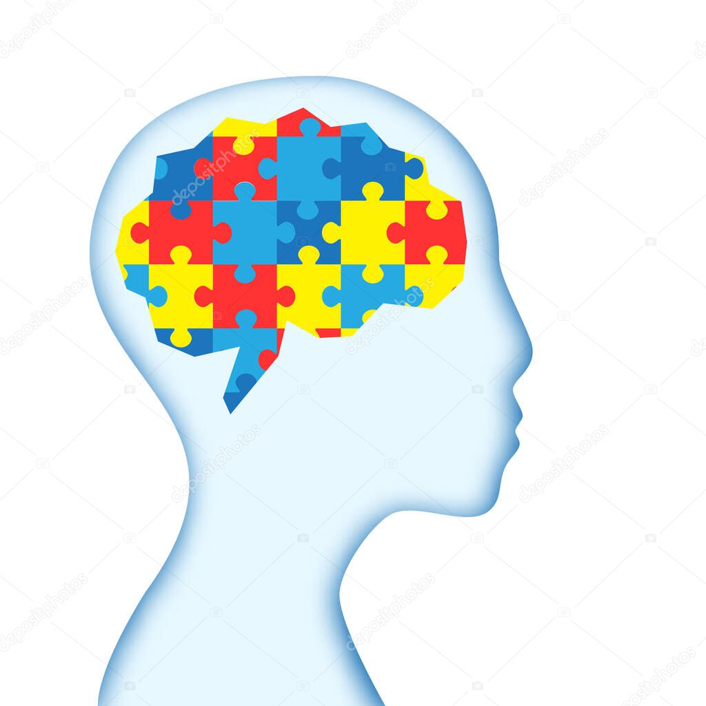 World autism awareness day. Brains with colorful puzzles. Child. Face. Vector background. Symbol of autism. Medical flat illustration. Health care