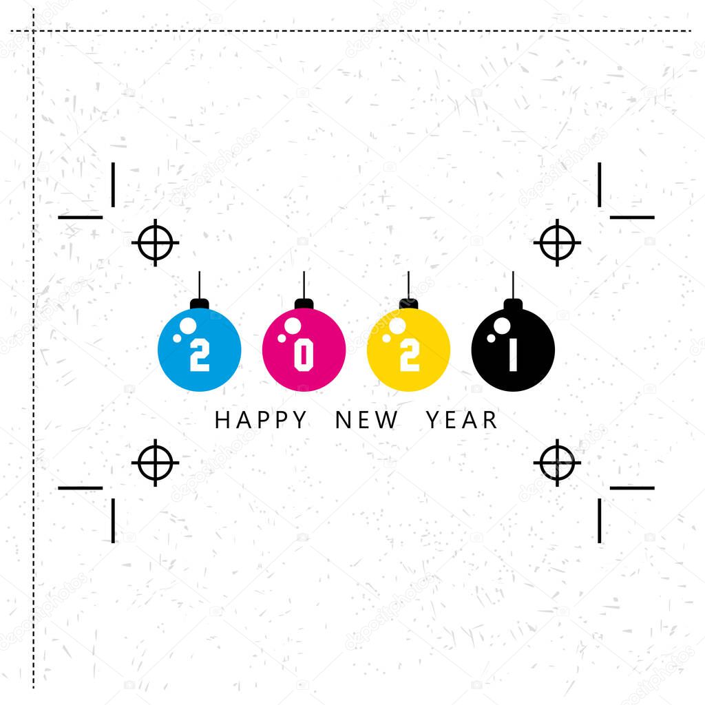 CMYK color model letter. Prepress proofing concept. Provider of printer ink and toner, letterpress printers. Keep printing! 2021 new year. Christmas balls. New year with CMYK colors