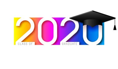 2020 sınıfı, pankartlar, afişler, davetiyeler, davetiyeler, iş günlükleri, mezuniyet balosunda afişler ve afişler için renkli renkli kartlar. Vektör çizimi. Mezuniyet, 2020 sınıfı.