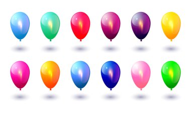 Beyaz arka planda renkli balon kümesi. Kutlama tasarım ögeleri