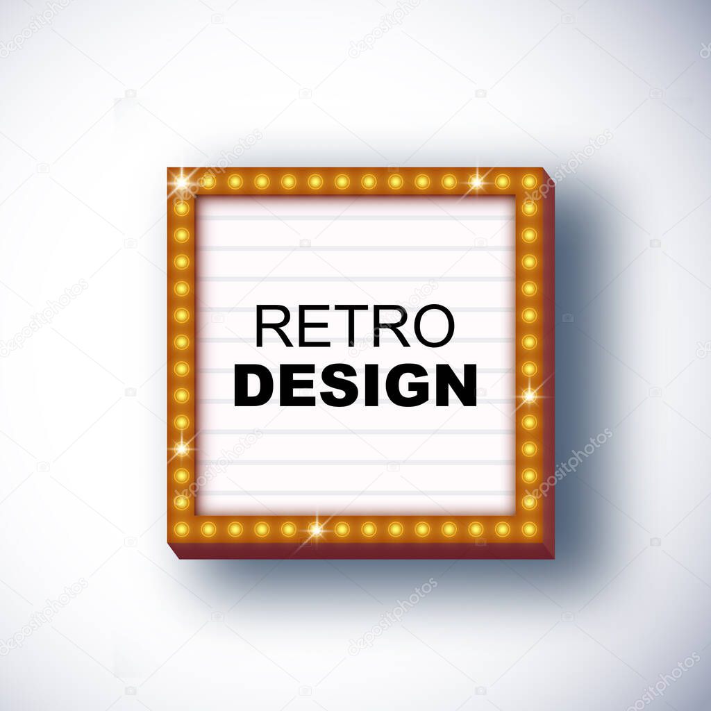 Vector retro signboard, lightbox illustration with customizable design on clean background. Light banner, vintage bright billboard for advertising, your project. Show, night events, cinema, casino