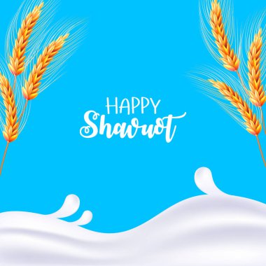 Mutlu Shavuot 'lar. Süt, buğday. Vektör çizimi. Süt damlatıyor. Vektör gerçekçi izole tebrik kartı Shavuot Yahudi bayramı ve dekorasyon ve kaplama için buğday. Mutlu Shavuot kavramı