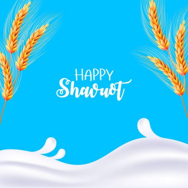 Happy Shavuot. Milk, wheat. Vector illustration. Dripping milk. Vector realistic isolated greeting card Shavuot Jewish holiday and wheat for decoration and covering. Concept of Happy Shavuot clipart
