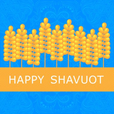 Mutlu Shavuot 'lar! Buğday. Düz dizayn. Vektör çizimi. Yahudi bayramı kavramı Shavuot. Kudüs 'te mutlu Shavuot' lar. İsrail toprakları buğday hasadı tebrik kartı. Haftaların Festivali