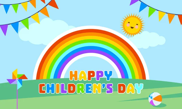 Glad Barndag Regnbåge Blå Himmel Grönt Gräs Flaggor Sol Boll — Stock vektor
