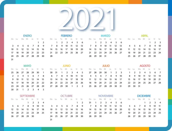 Calendario 2021 Lingua Spagnola Sfondo Bianco Calendario Colorato 2021 Anno — Vettoriale Stock