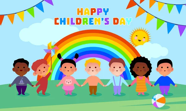 Glücklicher Kindertag Kinder Freundschaft Regenbogen Blauer Himmel Grünes Gras Fahnen — Stockvektor