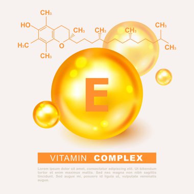 Vitamin altını parlayan hap kapsülü ikonu. Beslenme işareti vektör konsepti. E vitamini kimyasal formülünün gücü. Tocopherols, tocotrienols. Parlak altın madde damlası. Heath reklamları için ilaçlar