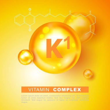 K1 vitamini işareti. Vektör çizimi. Vitamin altını parlayan hap kapsülü ikonu. Phylloquinone, menaquinone. Vitamin K1 altın parlayan hap ikonu. Parlak altın madde damlası. Heath reklamları için ilaçlar