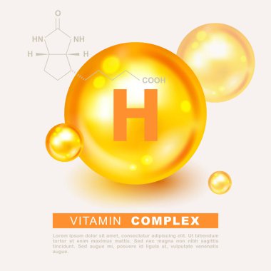 Vitamin altını parlayan hap kapsülü ikonu. H vitamini kapsülü. Sağlık için vektör ikonu. Altın renkli hap. Biyotin. Parlak altın madde damlası. Heath reklamları için ilaçlar. H vitamini